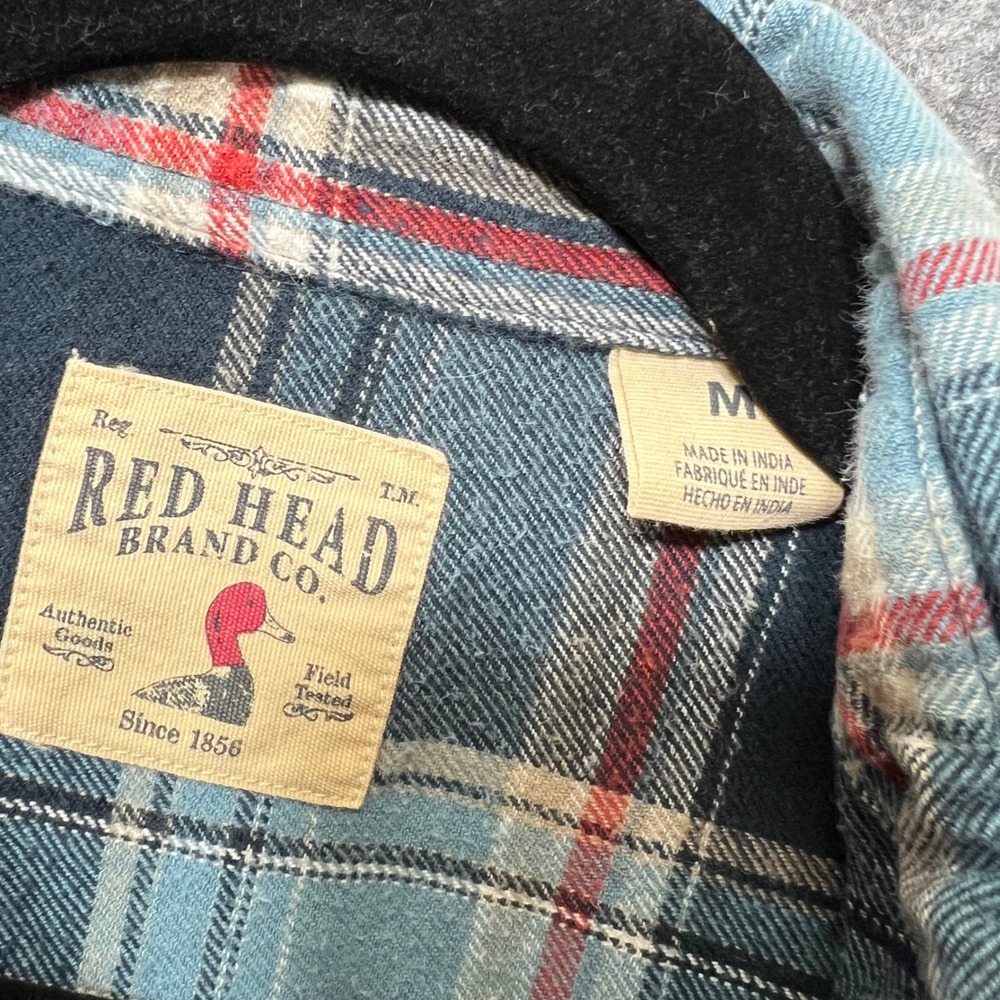 Red Head Plaid Flannel Shirt Mens Medium Blue Red Long‎ Sleeve Cotton - Picture 2 of 6